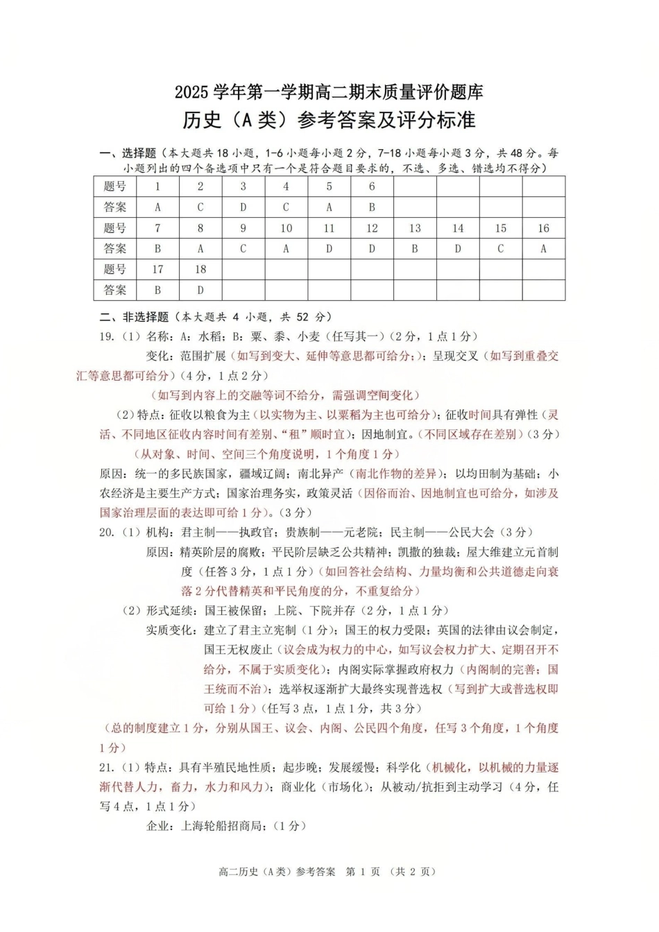 历史试题(A卷)答案浙江温州市2025学年第一学期高二年级期末质量评价题库(A卷+B卷)(1.28-1.30).pdf_第1页