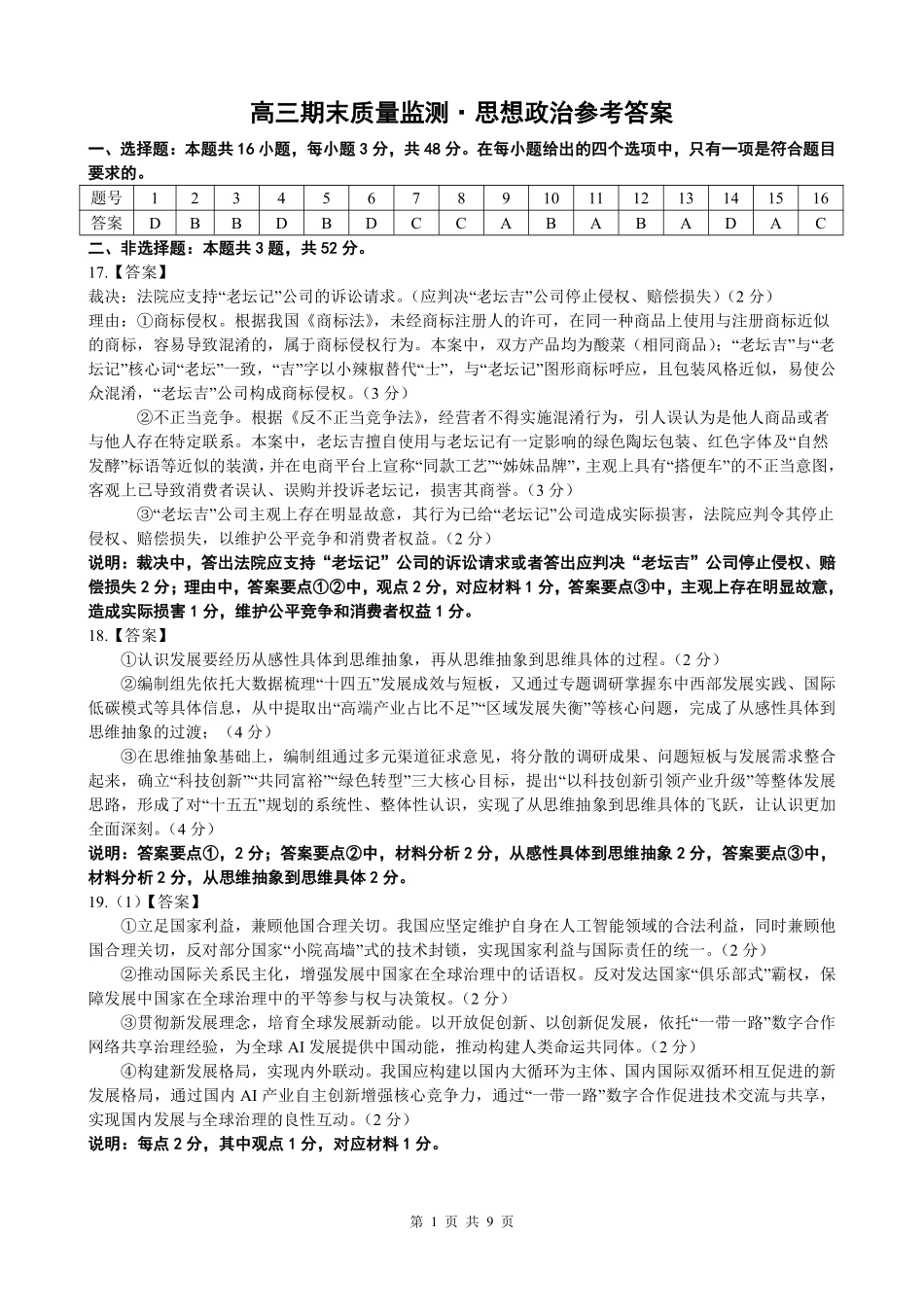 辽宁点石联考2026届高三期末质量监测政治答案.pdf_第1页