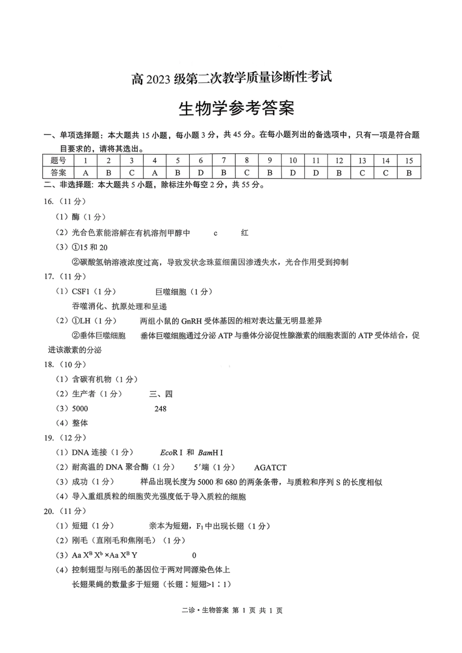 泸州市高2023级第二次教学质量诊断性考试生物答案.pdf_第1页