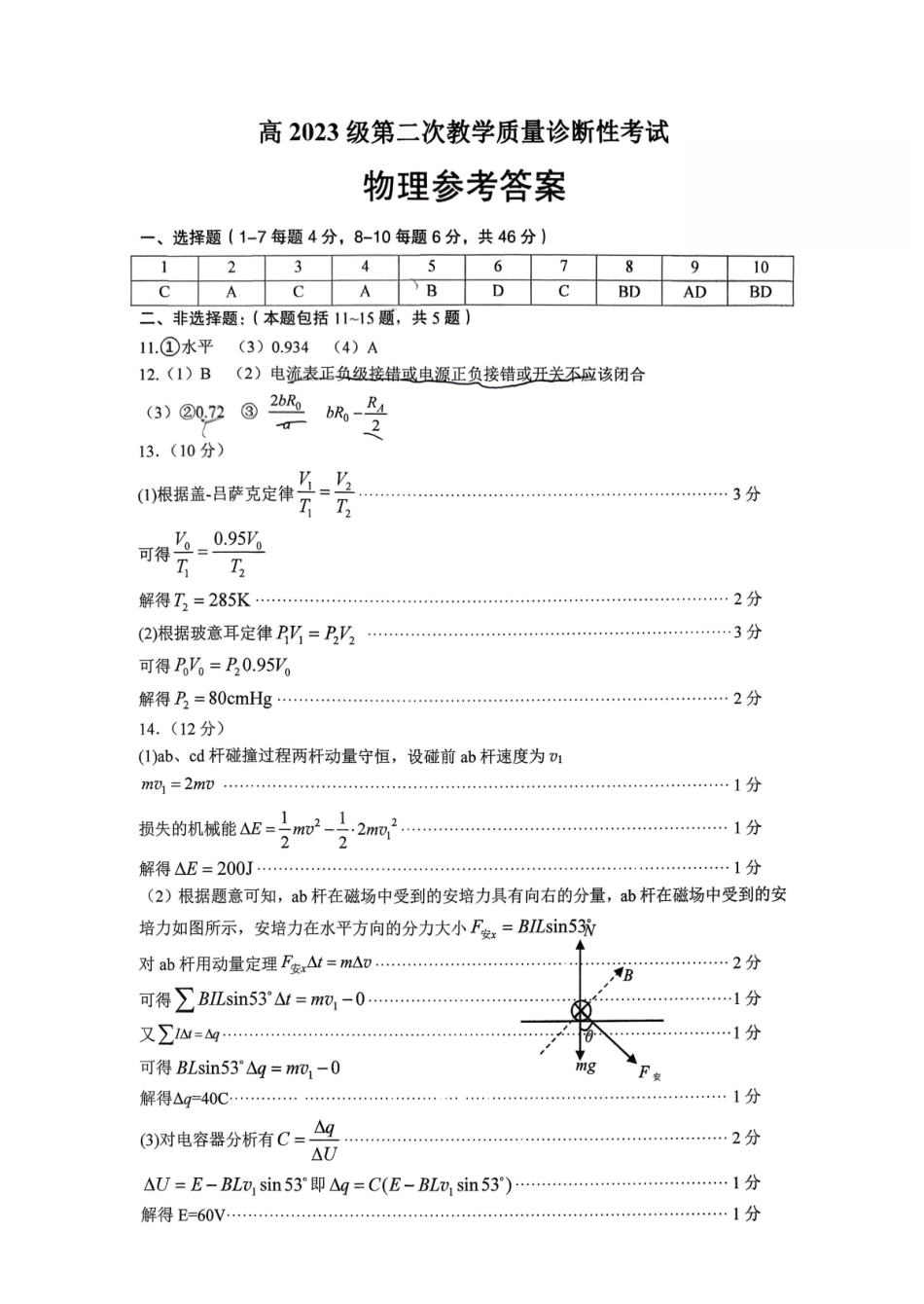 泸州市高2023级第二次教学质量诊断性考试物理答案.pdf_第1页