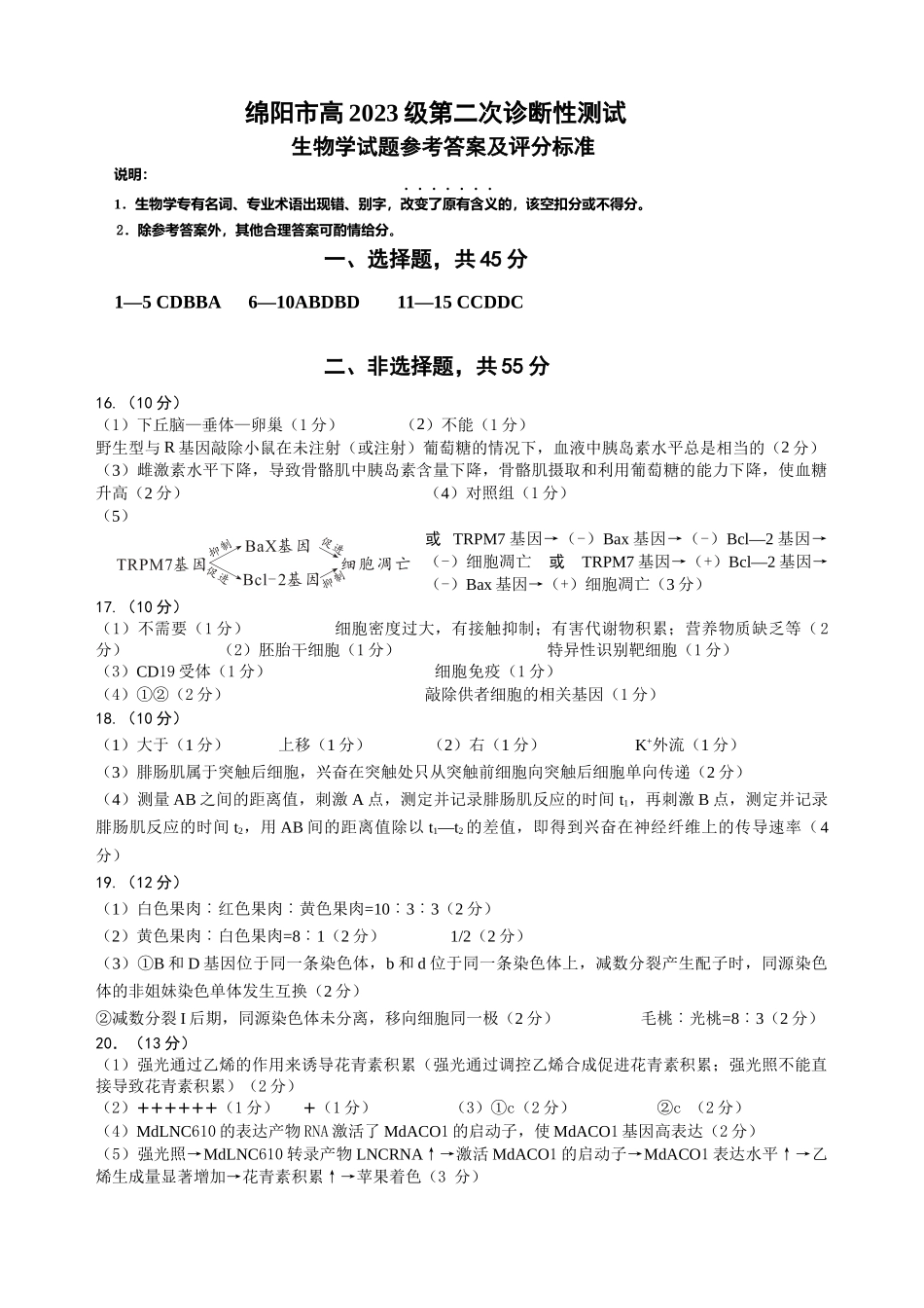 绵阳市高中2023级第二次诊断性考试生物答案.docx_第1页