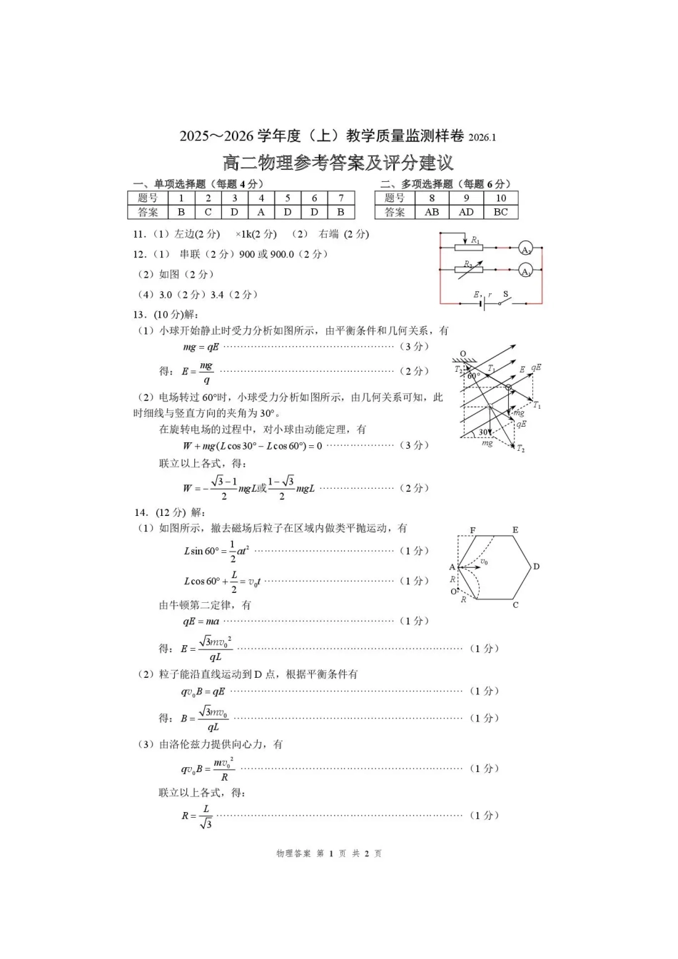 攀枝花市2025-2026学年度高二（上）教学质量监测样卷物理答案.pdf_第1页