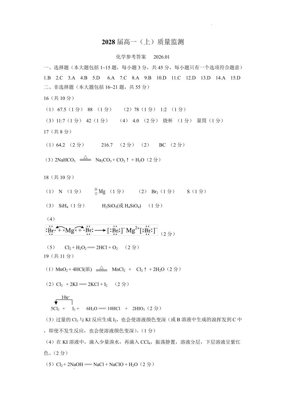 攀枝花市2025-2026学年度高一（上）教学质量监测样卷化学答案.pdf_第1页