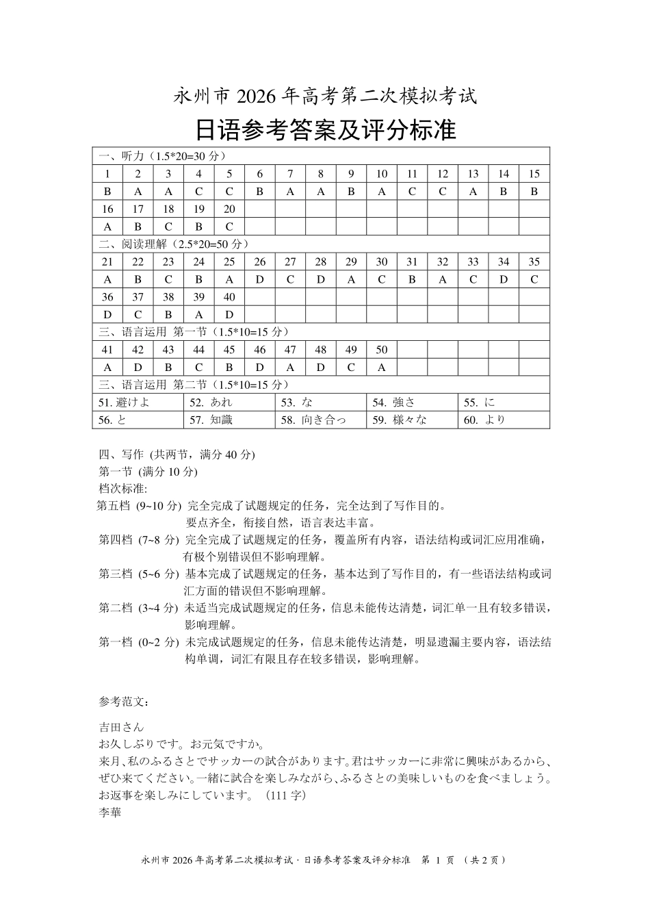日语湖南永州市2026年高考第二次模拟考试（永州二模）(1.29-1.30).pdf_第1页