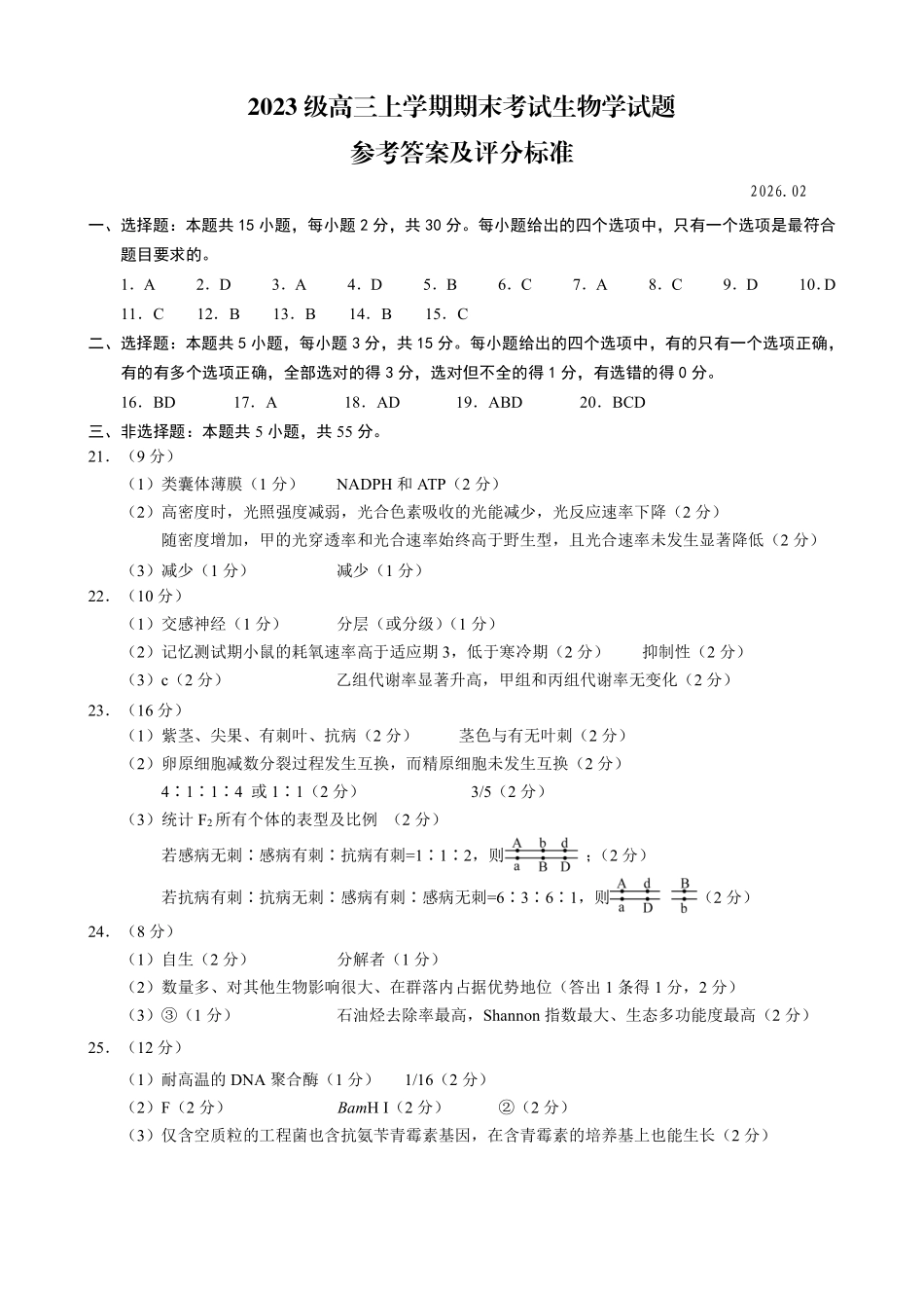 山东日照市2023级高三上学期期末考试生物答案.pdf_第1页