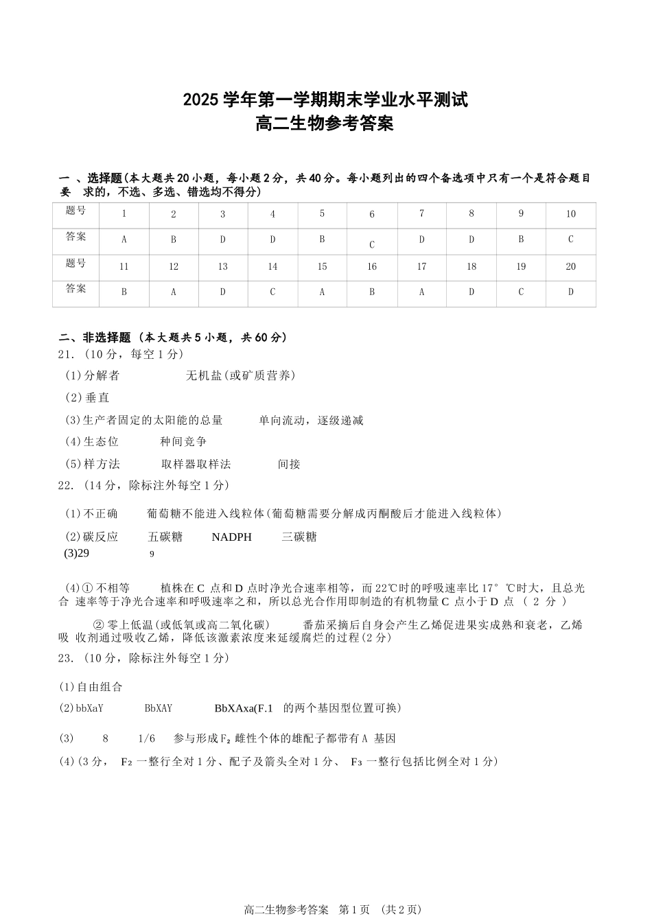 生物(甲卷)答案浙江杭州市2026学年第一学期高二年级期末学业水平测试(2.2-2.4).docx_第1页
