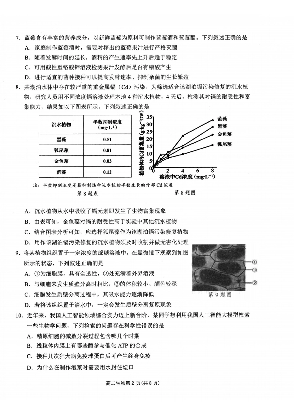 生物(甲卷)浙江杭州市2026学年第一学期高二年级期末学业水平测试(2.2-2.4).pdf_第2页