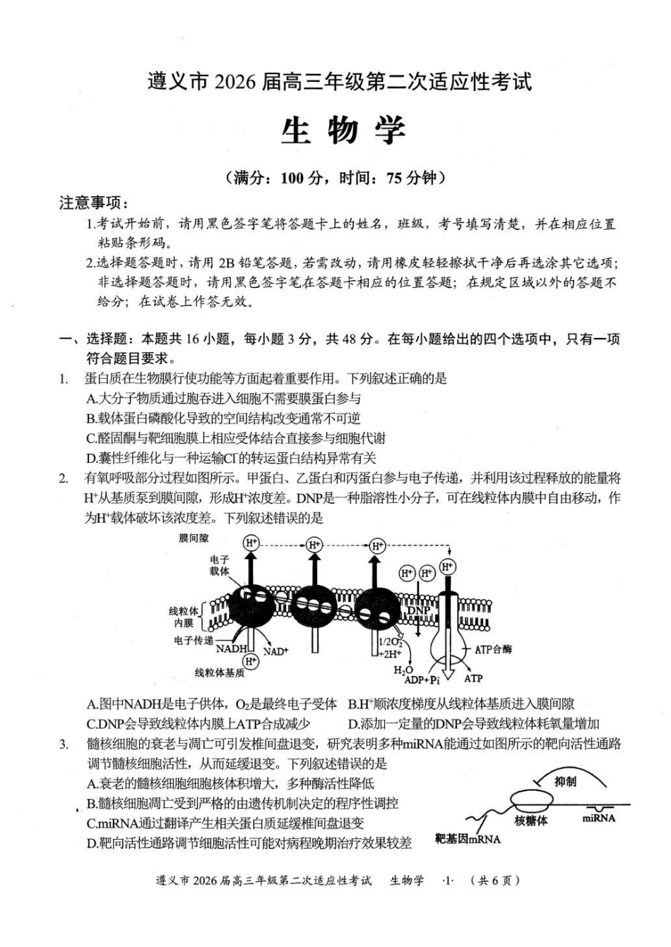 生物+答案贵州遵义市2026届高三年级叠词适应性考试(遵义二模)(2.4-2.6).pdf_第1页