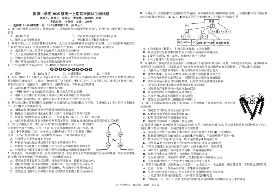 生物+答案四川成都市树德中学高2025级(2028届)高一年级上期期末测试(1.30--1.31).pdf_第1页