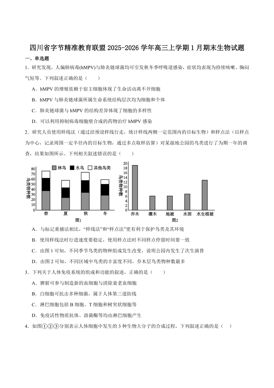 生物+答案四川字节精准教育联盟AI赋能2025-2026学年度2026届高三上学期1月期末综合能力调查(1.29-1.30).pdf_第1页