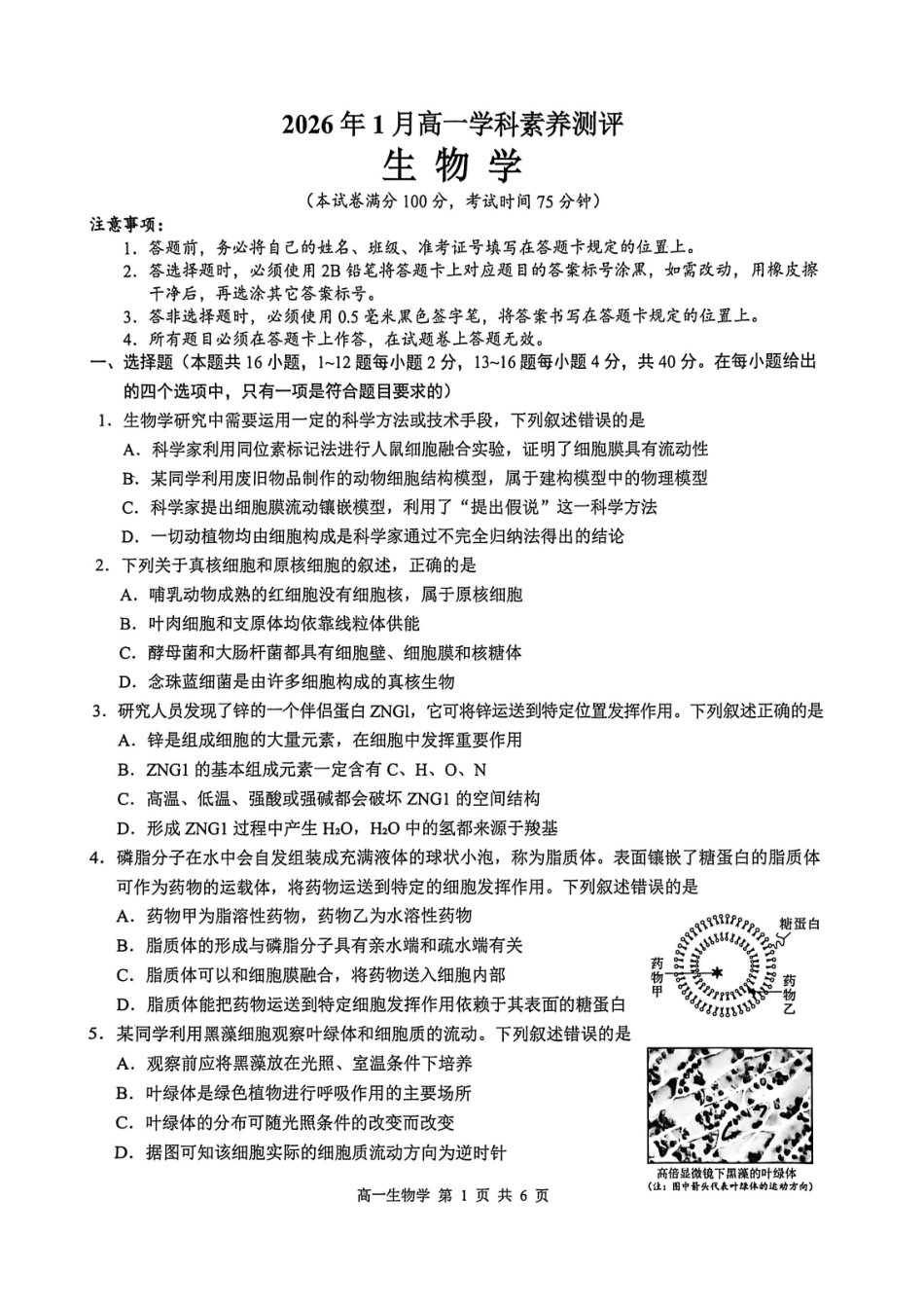生物广西壮族自治区河池市2026年1月高一年级期末学科素养测评(1.28-1.30).pdf_第1页