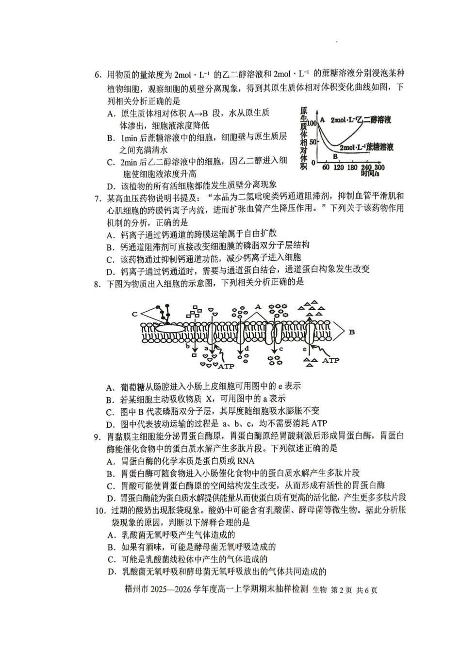 生物广西壮族自治区梧州市2025-2026学年度高一年级上学期期末抽样检测考试(1.26-1.28).pdf_第2页