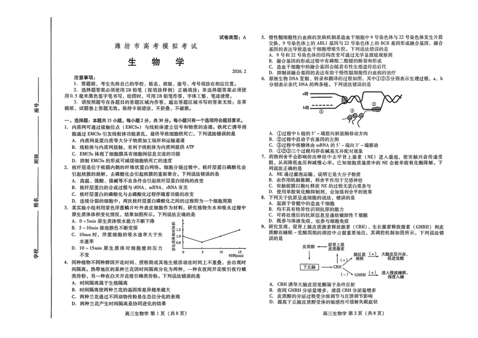 生物山东东营市、潍坊市2026年高三年级高考模拟考试(东营潍坊一模)（2.8-2.10）.pdf_第1页