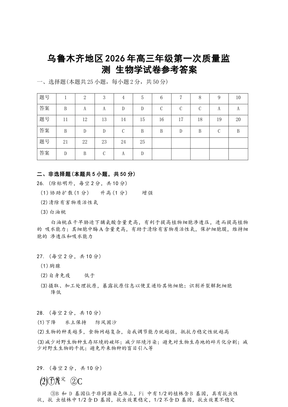 生物新疆维吾尔族自治区乌鲁木齐地区2026年高三年级第一次质量监测（乌鲁木齐一模）(1.29-1.31).docx_第1页