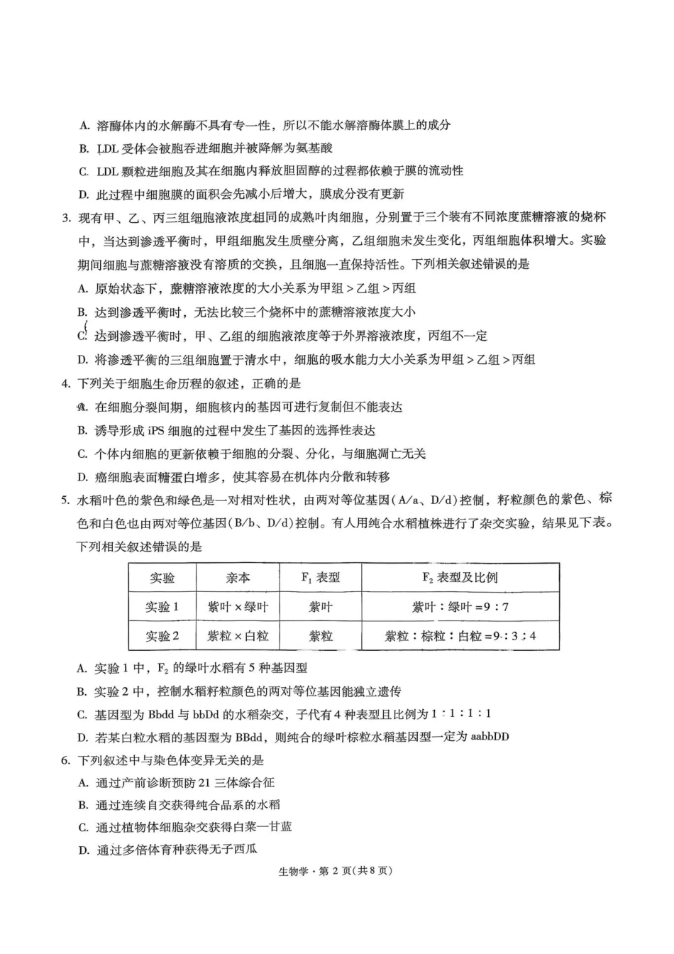 生物云南昆明市第一中学2026届高三年级上学期1月复习诊断(第六次联考)(1.29-1.30).pdf_第2页