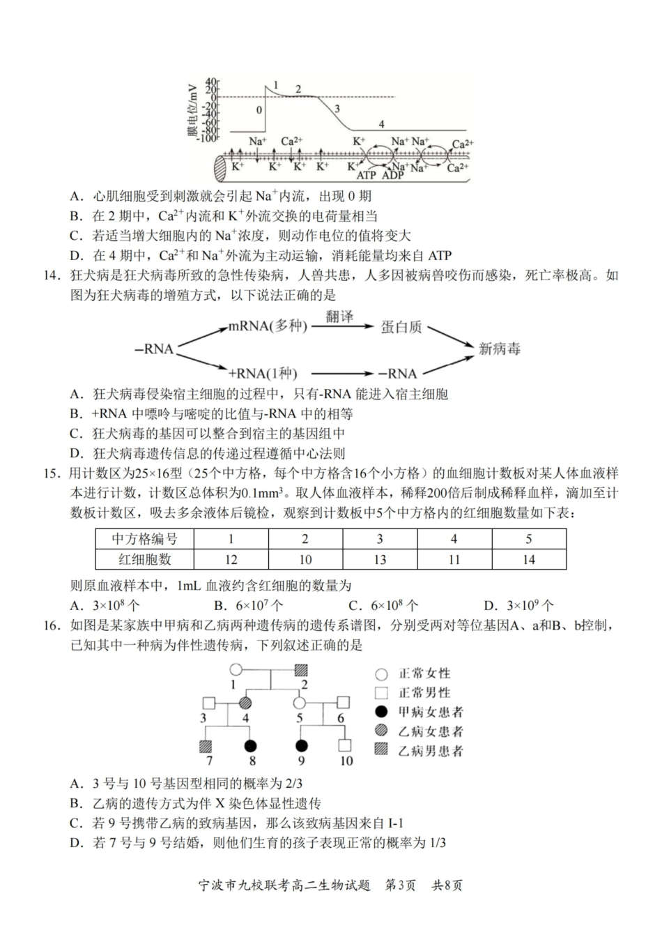 生物浙江宁波市宁波九校联盟2025学年第一学期高二年级期末九校联考(1.28-1.30).pdf_第3页