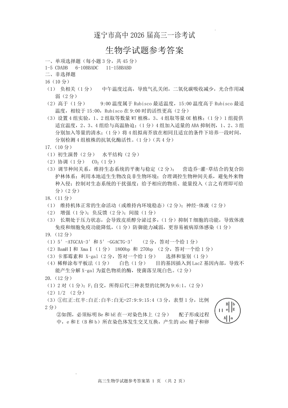 遂宁市高中2026届高三一诊考试生物答案.pdf_第1页