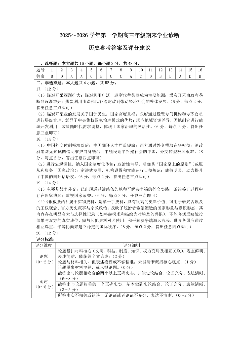 太原25-26学年高三第一学期期末历史答案.pdf_第1页