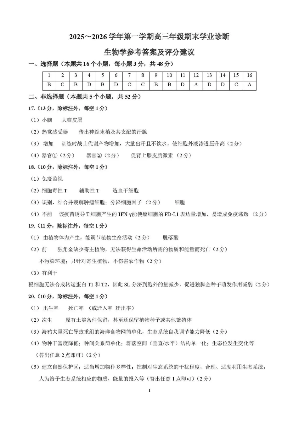 太原市2025~2026学年第一学期高三年级期末学业诊断生物答案.pdf_第1页
