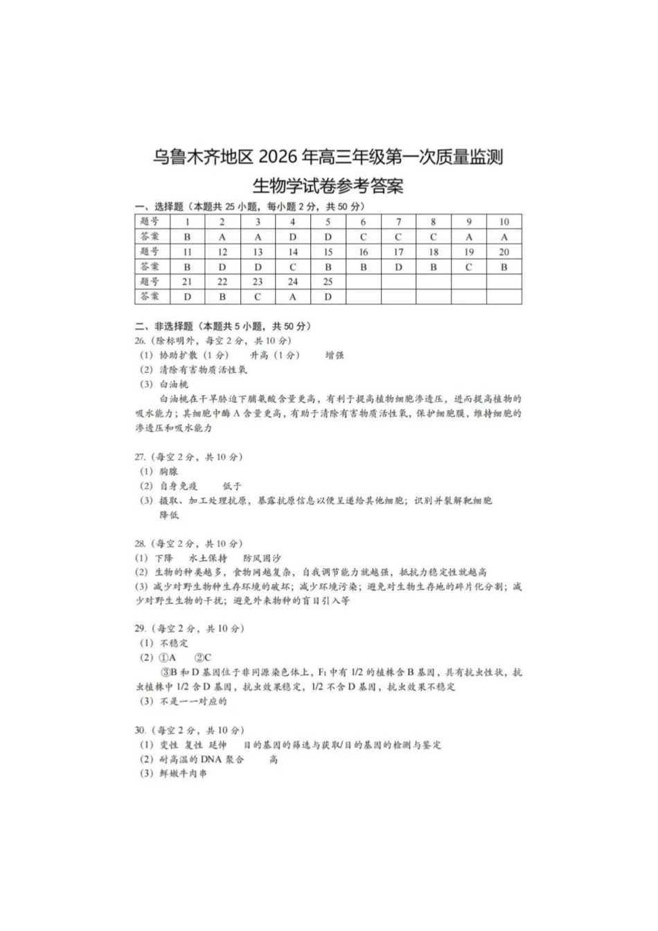 乌鲁木齐地区2026年高三年级第一次质量监测生物答案.pdf_第1页