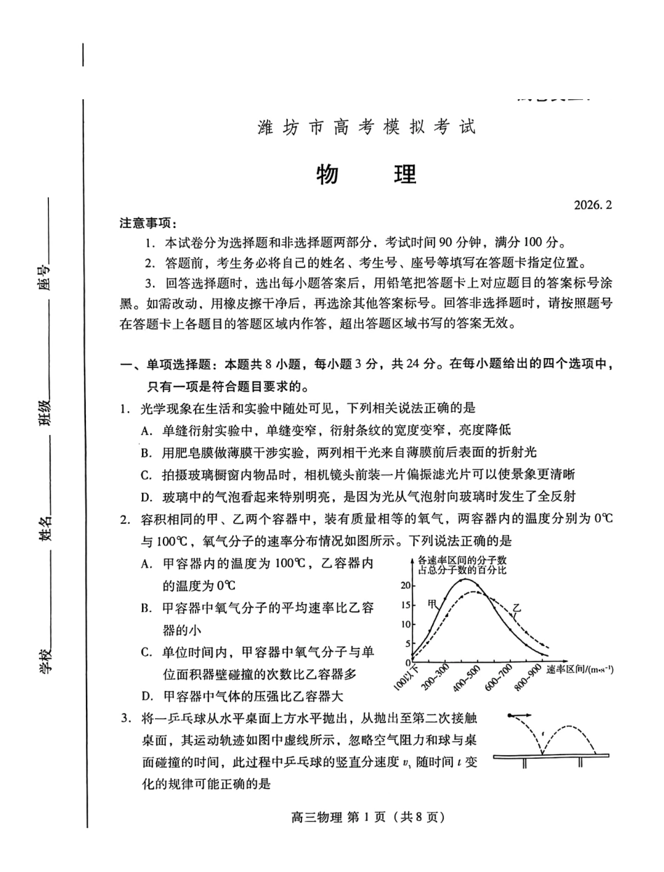 物理山东东营市、潍坊市2026年高三年级高考模拟考试(东营潍坊一模)(2.8-2.10).pdf_第1页