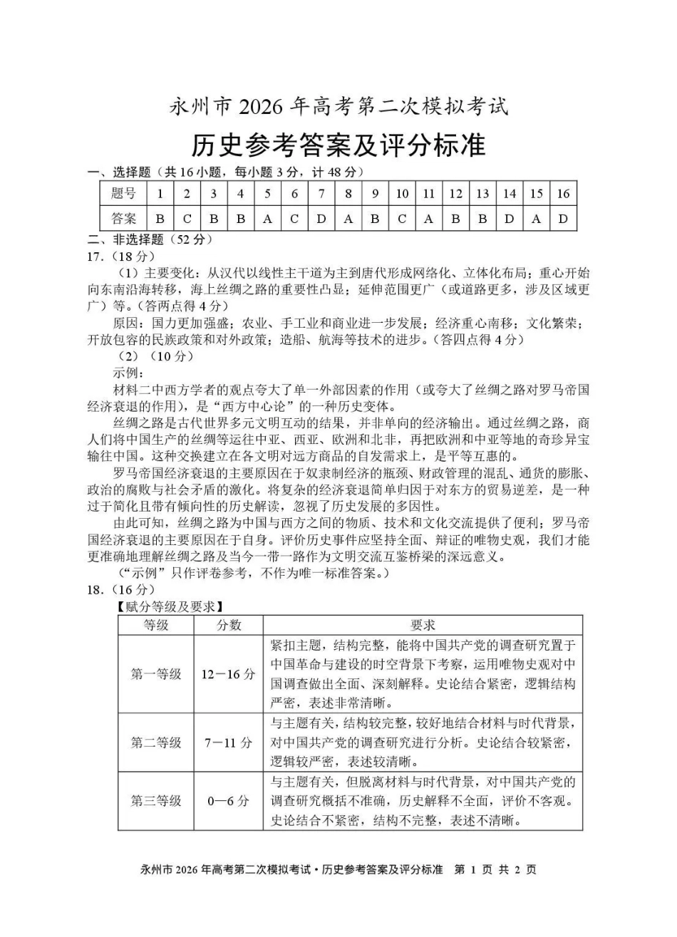 永州市2026年高考第二次模拟考试历史答案.pdf_第1页