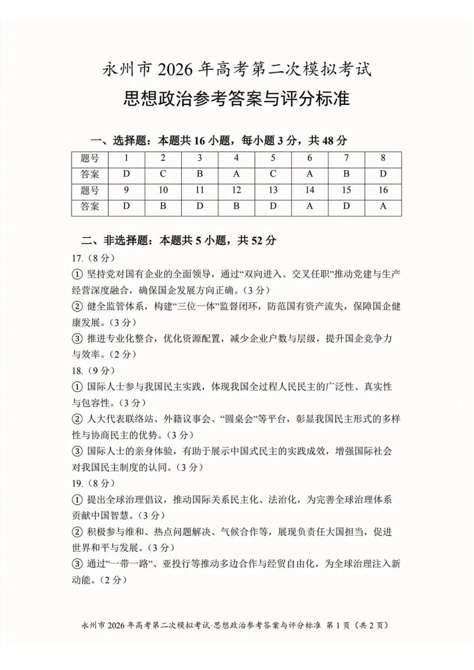 永州市2026年高考第二次模拟考试政治答案.pdf_第1页