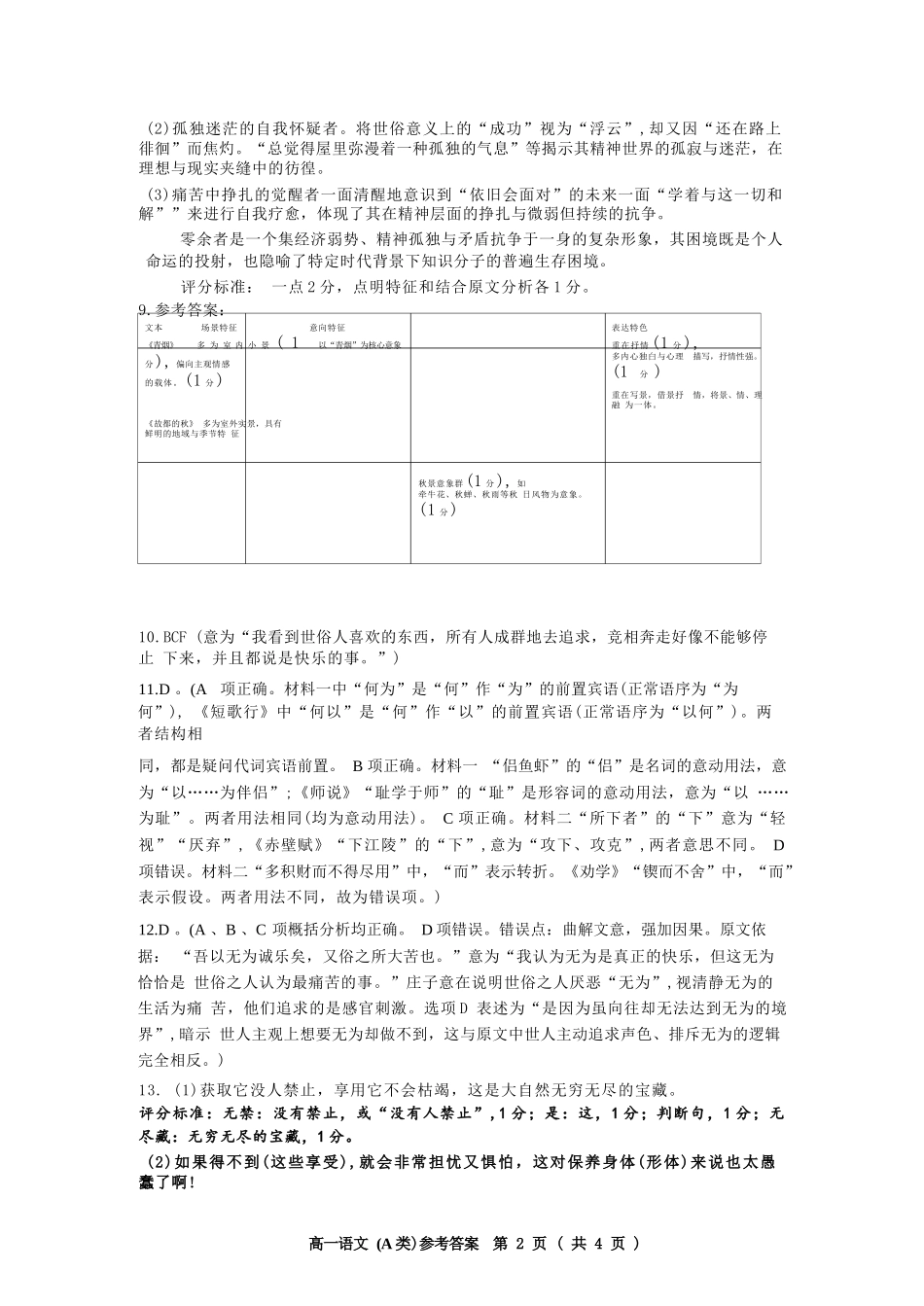 语文(A类)答案浙江温州市2025学年第一学期高一年级期末质量评价题库(1.28-1.30).docx_第2页