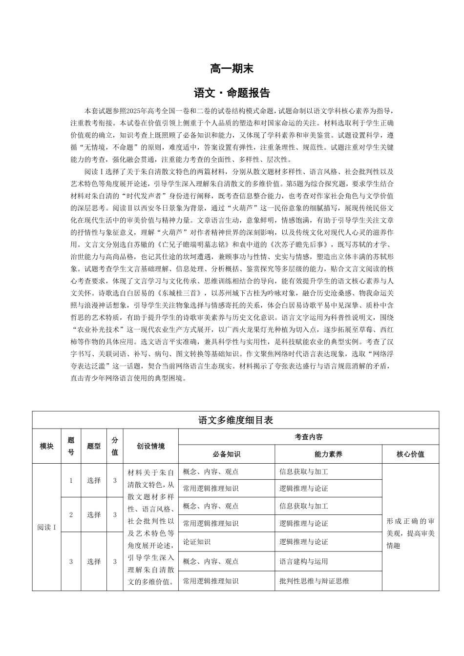 语文命题报告河南天一大联考多市(新乡等市)2025-2026学年度第一学期高一年级期末考试(1.28-1.29).pdf_第1页