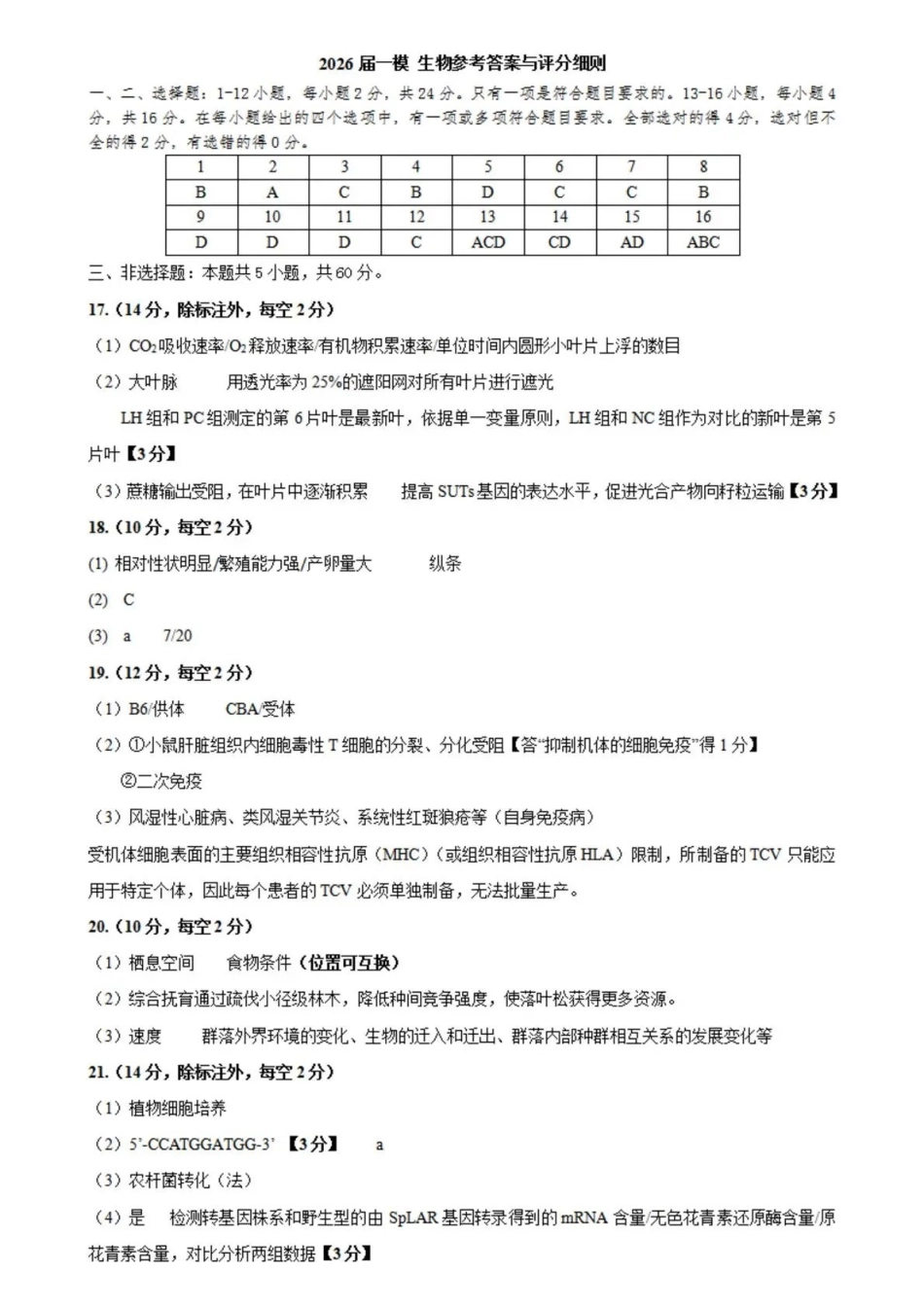 岳阳市2026届高三年级教学质量监测（一）生物答案.pdf_第1页
