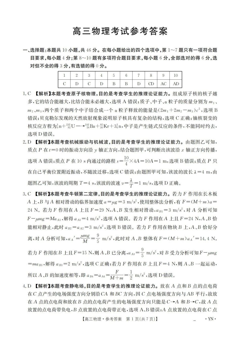 云南2026届高三上学期1月百万大联考物理答案.pdf_第1页