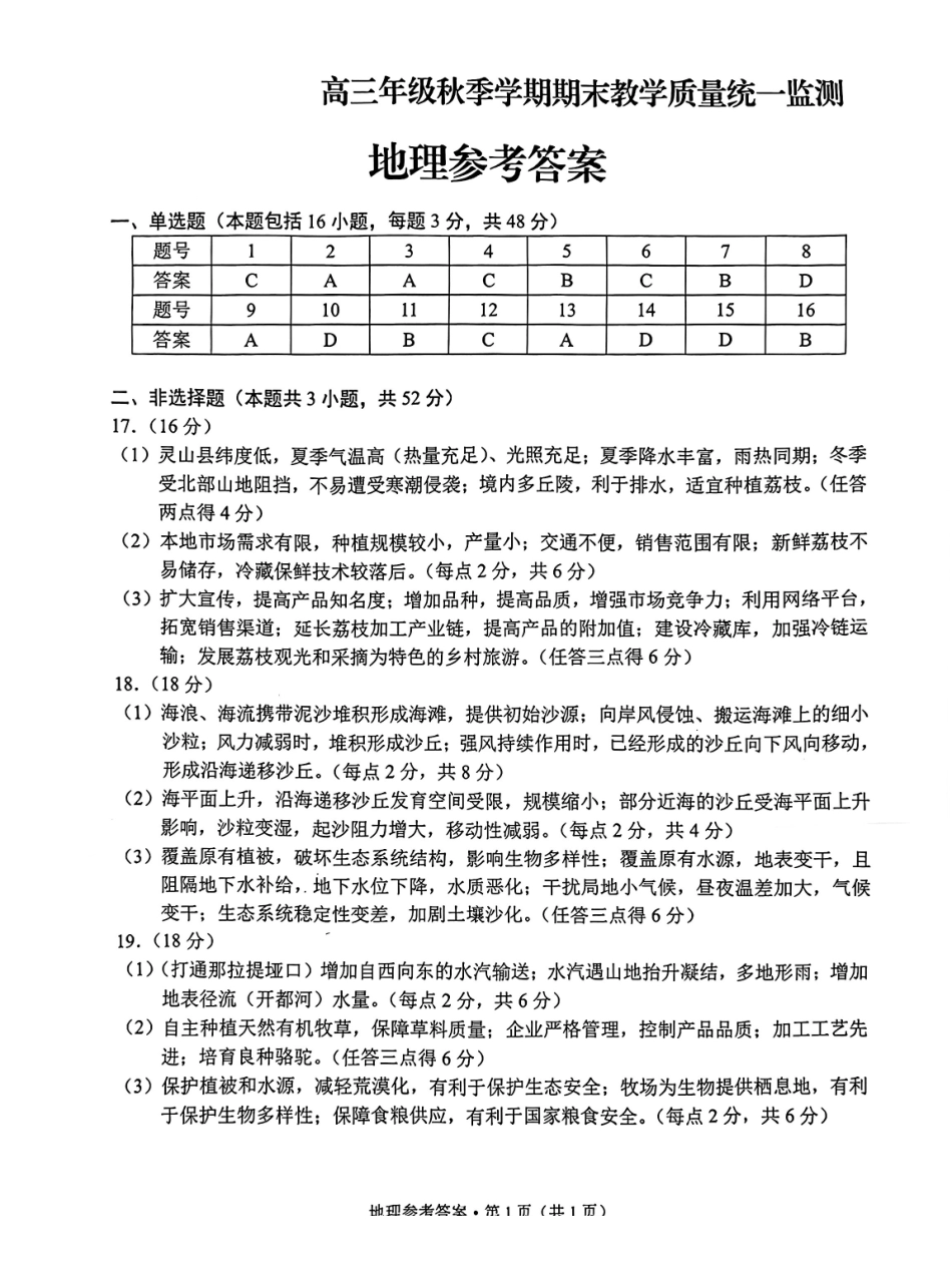 云南德宏傣族景颇族自治州2025年高三年级秋季学期期末教学质量统一监测地理答案.pdf_第1页