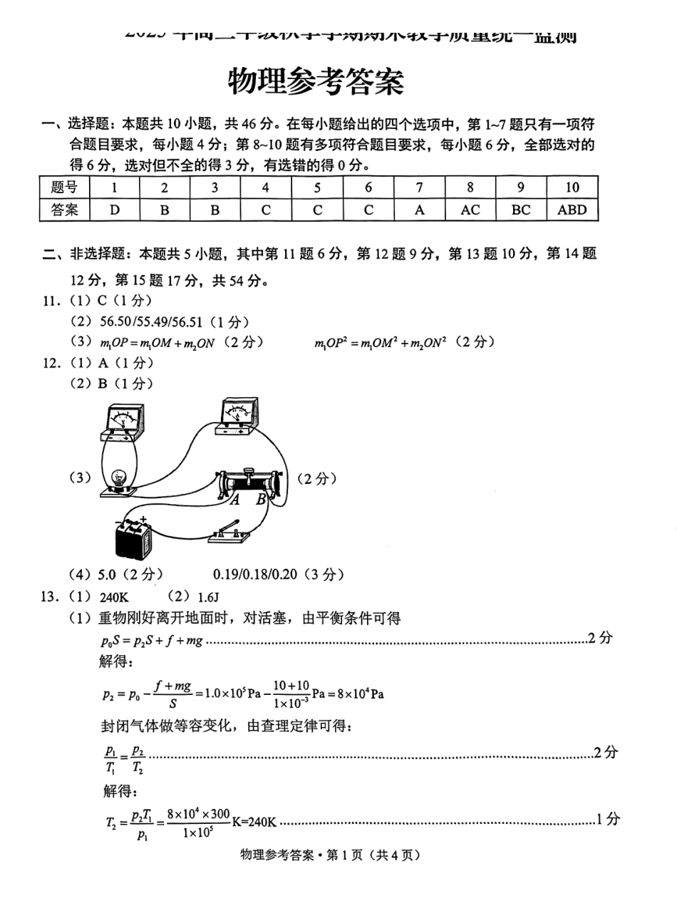 云南德宏傣族景颇族自治州2025年高三年级秋季学期期末教学质量统一监测物理答案.pdf_第1页