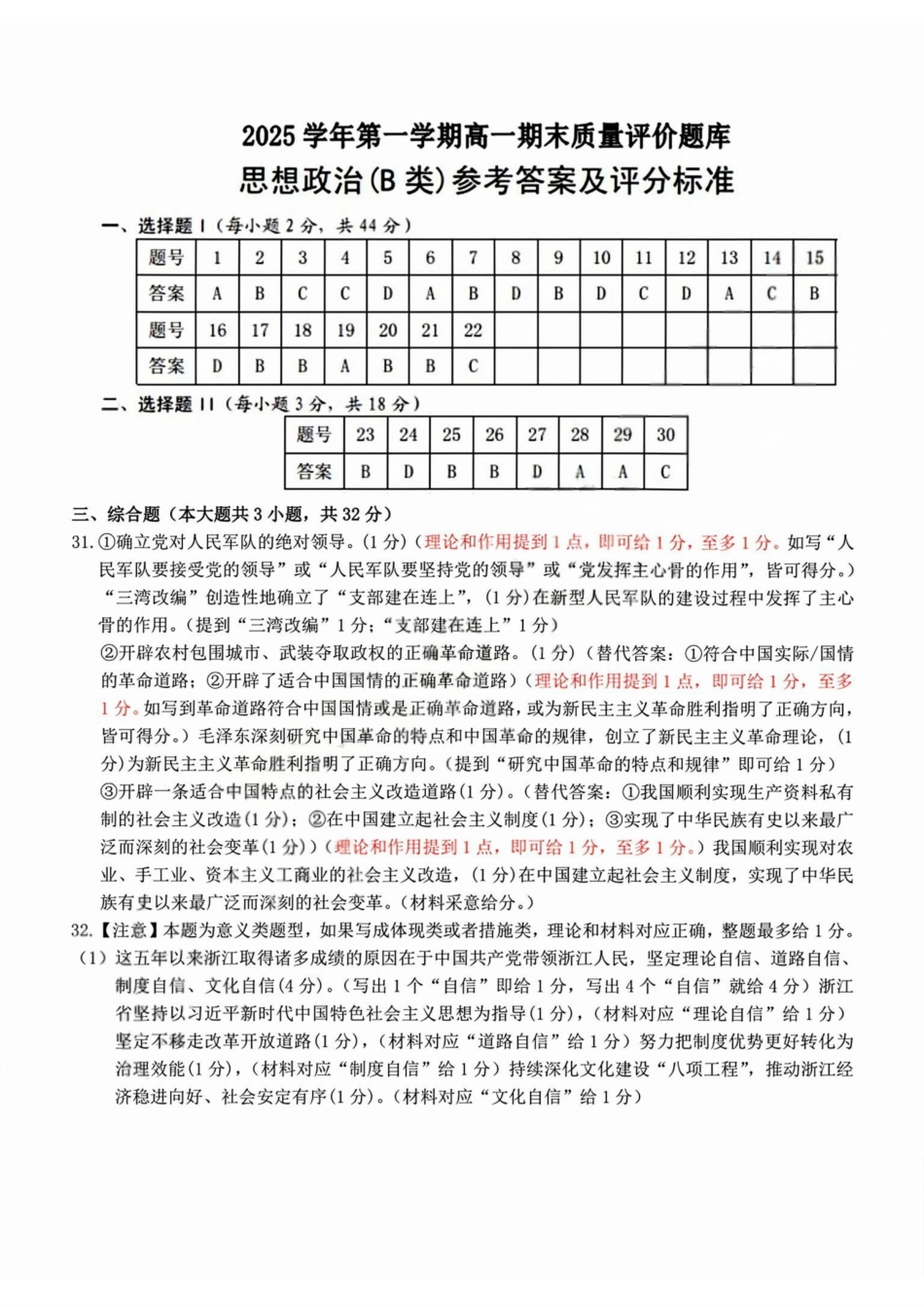 政治(B类)参考答案与评分细则浙江温州市2025学年第一学期高一年级期末质量评价题库(1.28-1.30).pdf_第1页