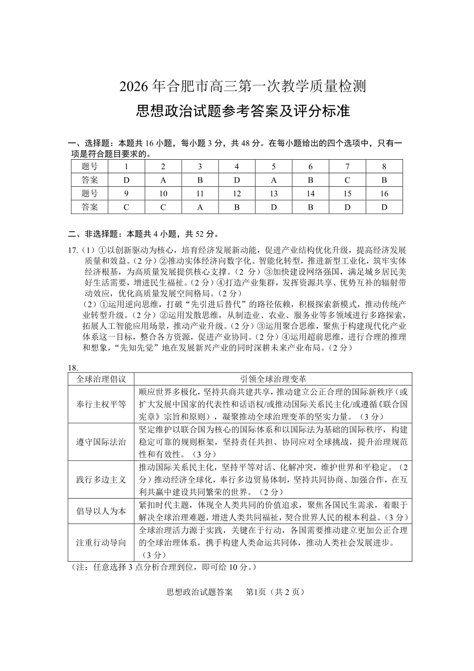 政治(高清版)答案安徽合肥市普通高中2026年高三年级第一次教学质量检测（合肥一模）（2.9-2.10）.pdf_第1页