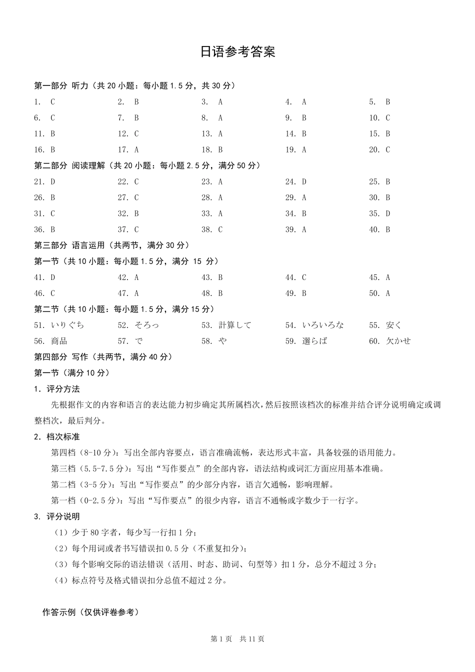 重庆市2026年普通高等学校招生全国统一考试日语答案.pdf_第1页