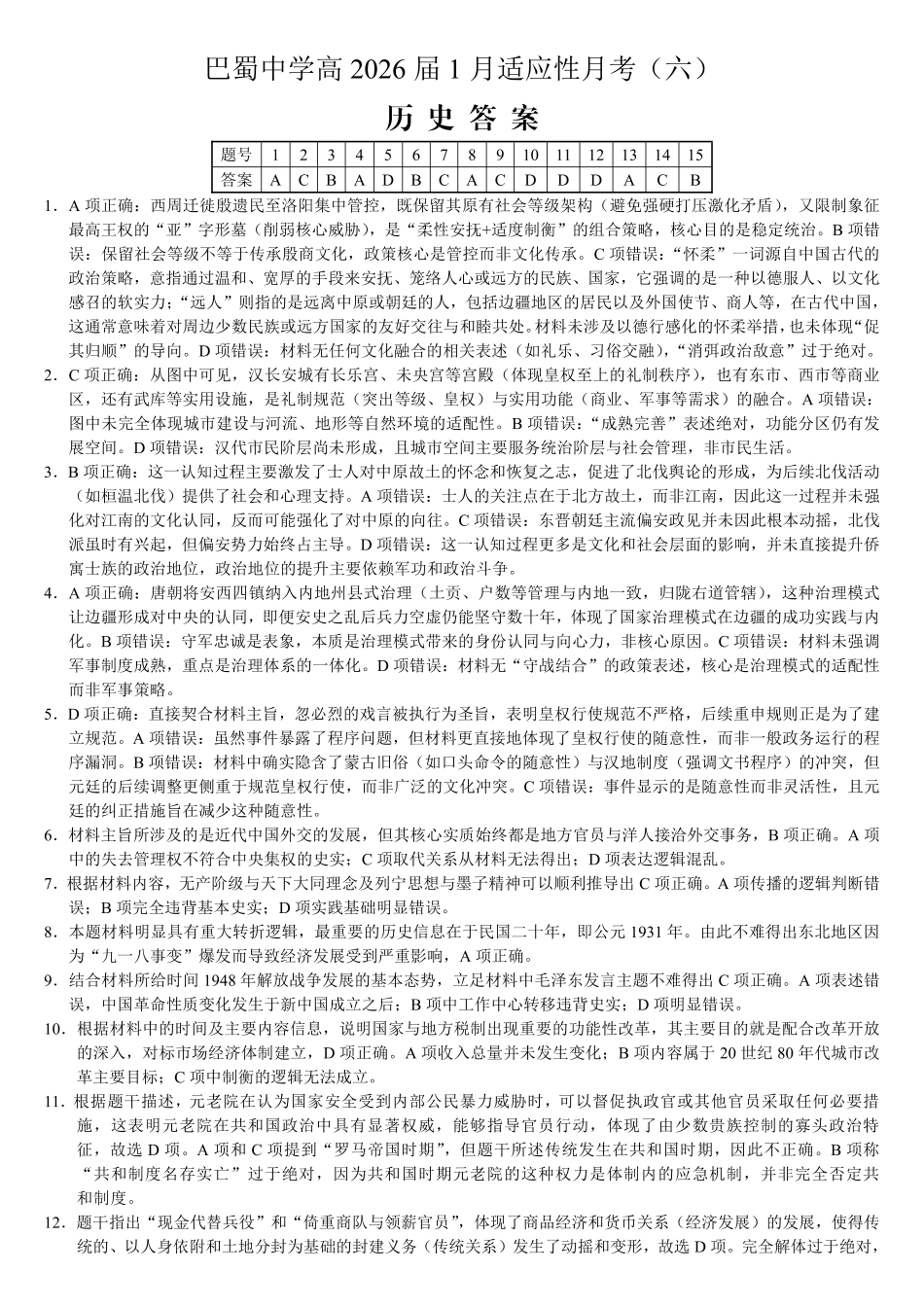 重庆市巴蜀中学2026届高考适应性月考卷（六）历史答案.pdf_第1页