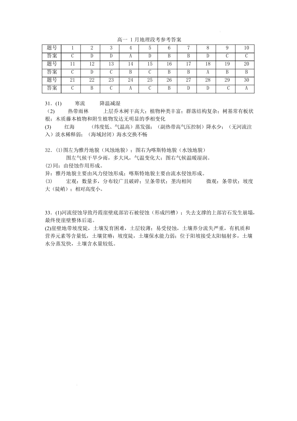 珠海市实验中学2025-2026学年高一上学期1月段考地理答案.docx_第1页