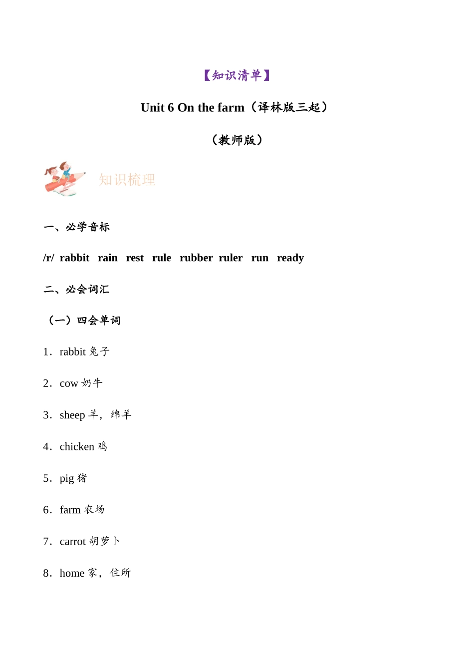译林版英语三年级下册Unit 6 On the farm（知识清单）（教师版）.docx_第1页
