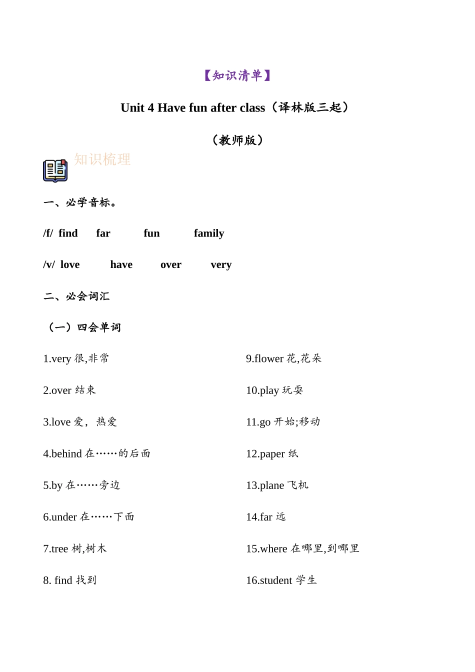 译林版英语三年级下册Unit 4 Have fun after class（知识清单）教师版.docx_第1页