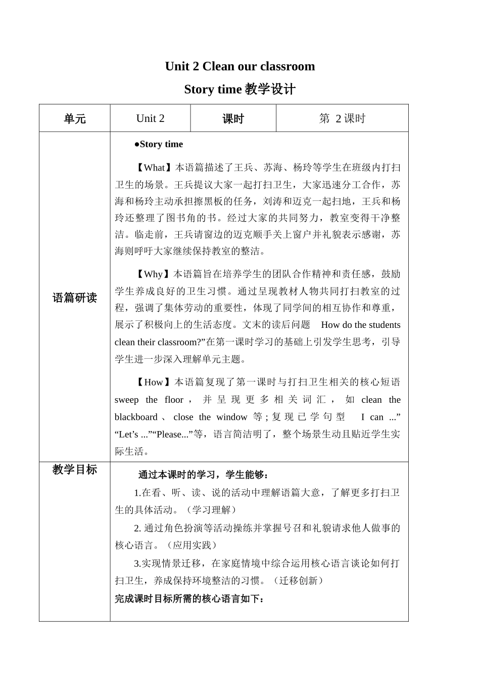 译林版英语三年级下册Unit2 第2课时 Story time（教学设计）.docx_第1页