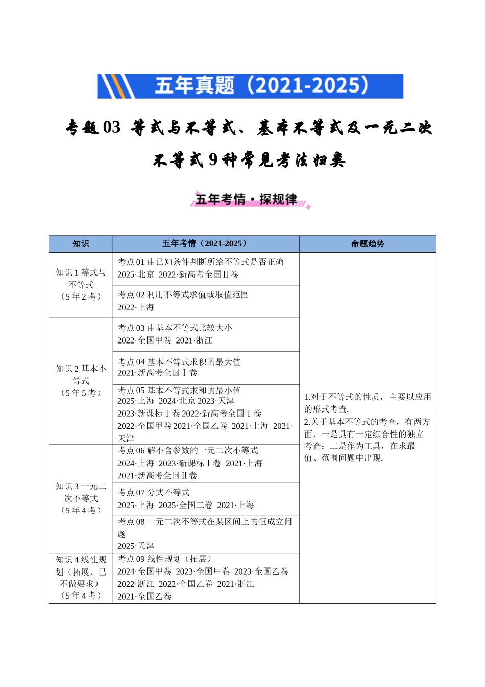 2021-2025年《5年高考数学真题》分类汇编-专题03 等式与不等式、基本不等式及一元二次不等式9种常见考法归类（原卷版）.docx_第1页