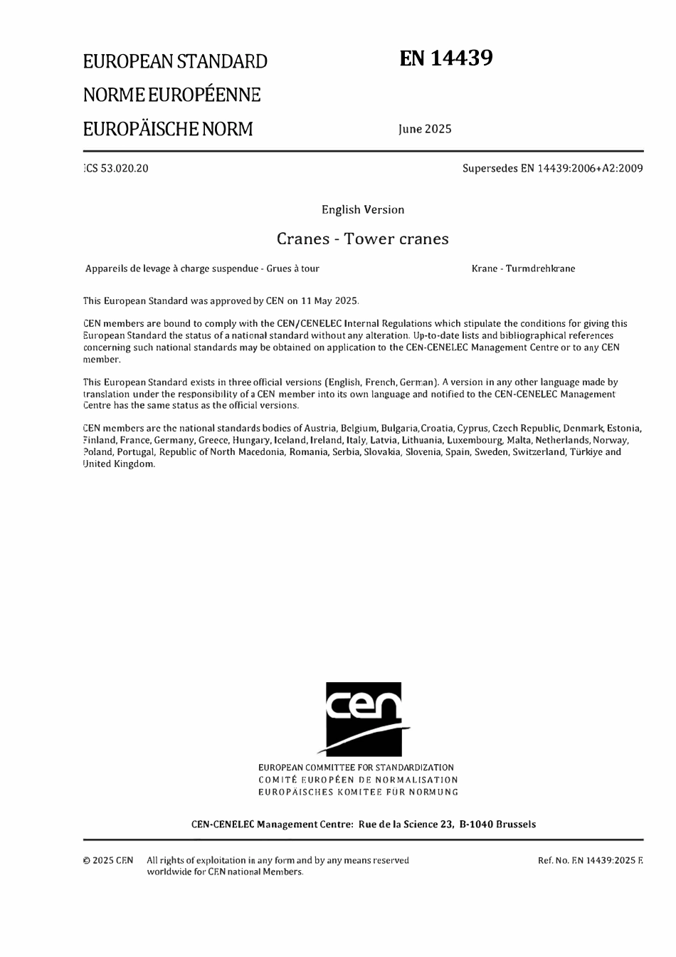 EN 14439 2025 塔式起重机安全标准（英文版）.pdf_第1页