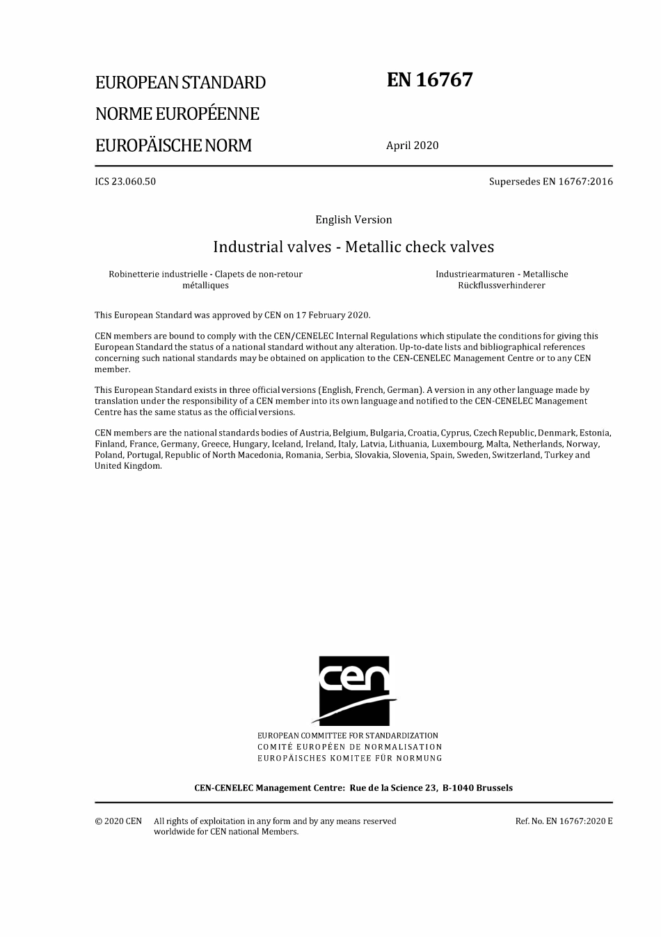 EN 16767-2020 工业阀门 金属止回阀.pdf_第1页