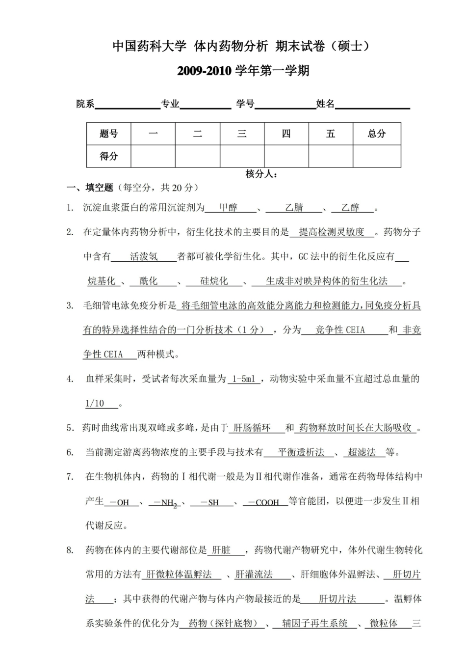 答案评分 体内药物分析期末试卷.pdf_第1页