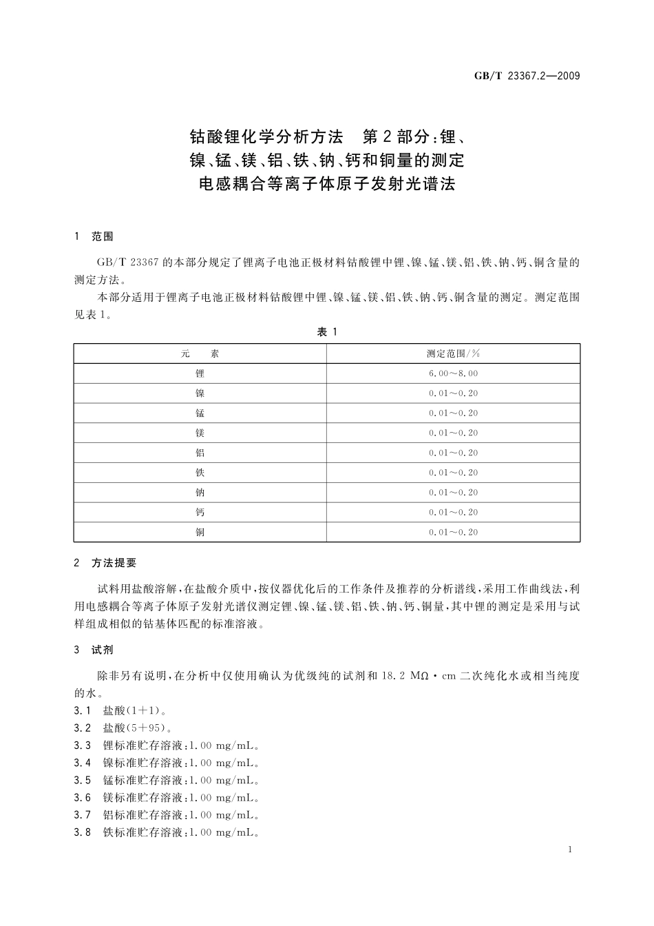 GB／T 23367.2-2009 钴酸锂化学分析方法 第2部分：锂、镍、锰、镁、铝、铁、钠、钙和铜量的测定 电感耦合等离子体原子发射光谱法.pdf_第3页