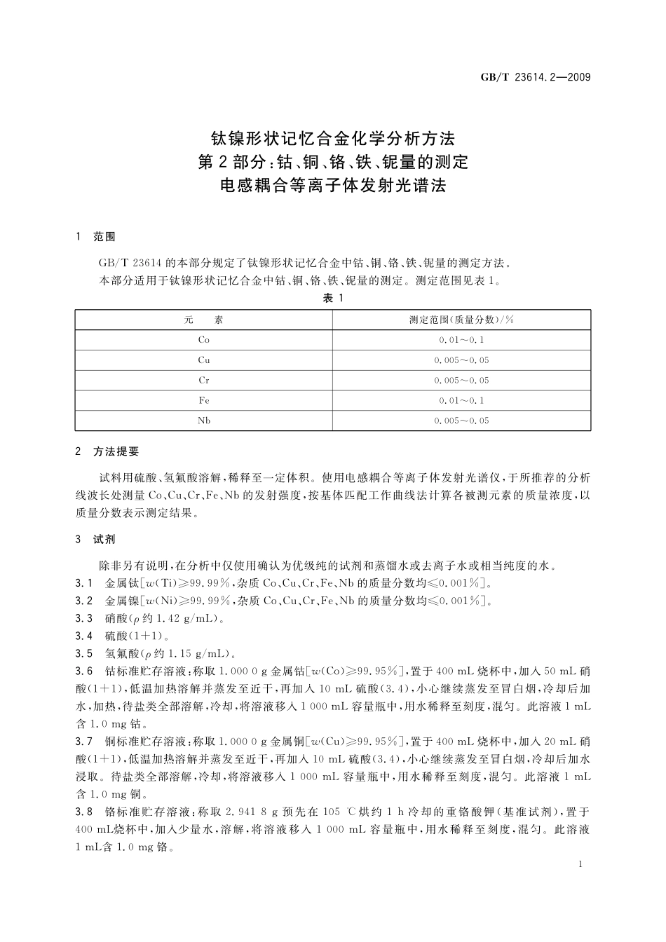 GB/T 23614.2-2009 钛镍形状记忆合金化学分析方法 第2部分:钴、铜、铬、铁、铌量的测定 电感耦合等离子体发射光谱法.pdf_第3页