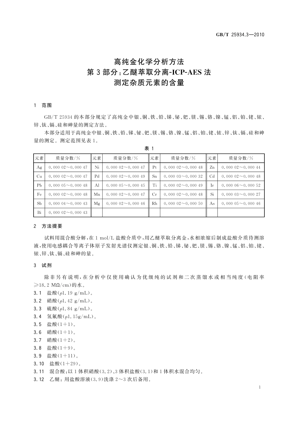 GB／T 25934.3-2010 高纯金化学分析方法 第3部分：乙醚萃取分离ICP-AES法 测定杂质元素的含量.pdf_第3页