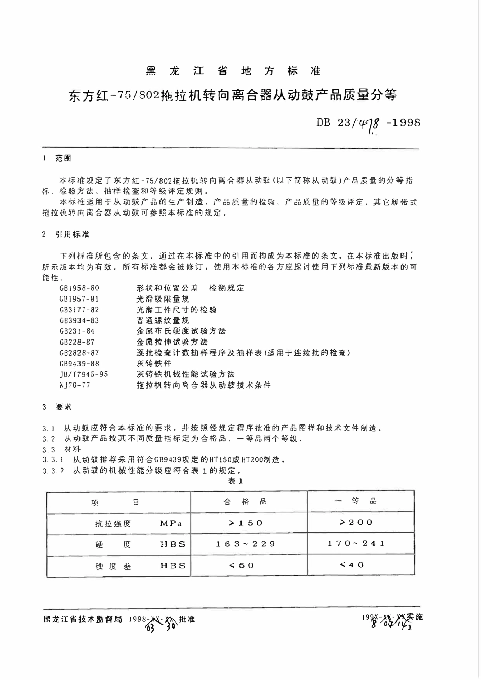 DB23T 478-1998 东方红-75 802拖拉机转向离合器从动鼓产品质量分等.pdf_第3页