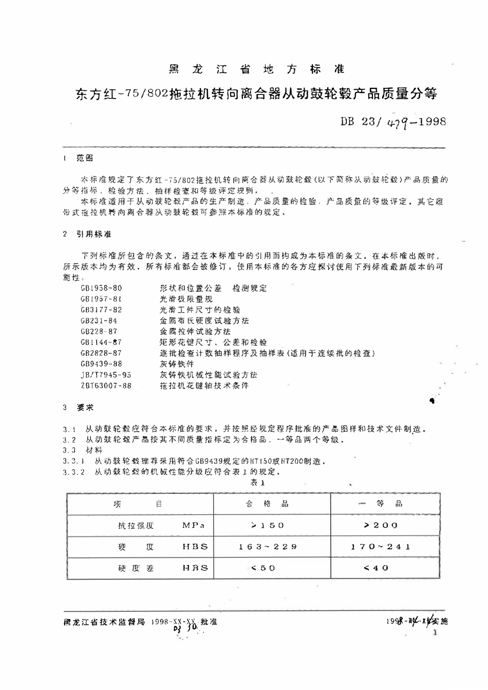 DB23T 479-1998 东方红-75 802拖拉机转向离合器从动鼓轮毂产品质量分等.pdf_第3页
